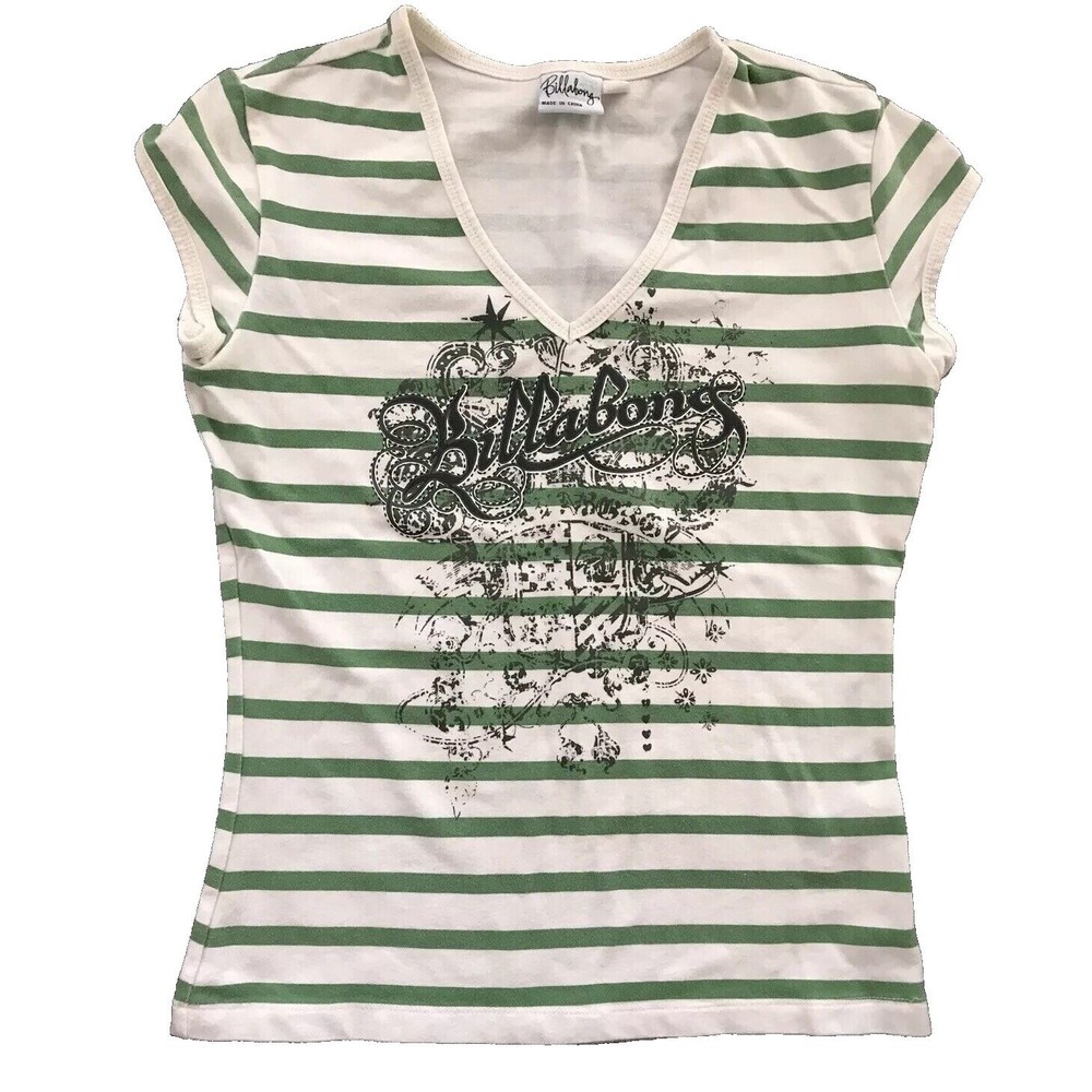 BILLABONG Womens Graphic T-Shirt Top Medium M Beige Striped Short Sleeve Cotton
